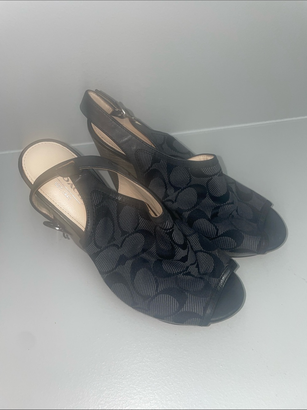 Coach Black Signature Logo Peep-Toe Slingback Wedges